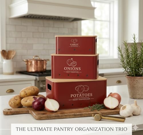 Image of 3 Pieces Potato Onion Storage Bin Sturdy for Kitchen Counter Farmhouse Decor white|Home & Garden | Kitchen Storage & Organization |3 Food Storage Containers (Red)