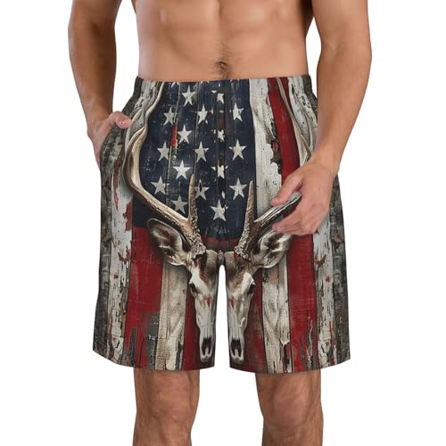 Men's Quick Dry Swim Shorts Deer Skull Old Wooden American Flag Vintage Beach Trunks with Pockets
