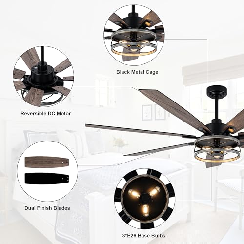 Image of 72 Inch Farmhouse Ceiling Fan with Lights Large Rustic Ceiling Fan Wood Caged Fandelier Chandelier Light for Indoor Outdoor, 7 Dual Blades 3 E26 Bulbs, Reversible Quiet DC Motor 6 Speeds