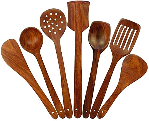 Wooden Basera Wooden Non-Stick Serving and Cooking Spoon Kitchen Tools Utensil, Set of 7 Wood Serving Spoon, Wooden Spoon, Cooking Spoon Set (Pack of 7) Wooden Cutlery Set (Pack of 7)