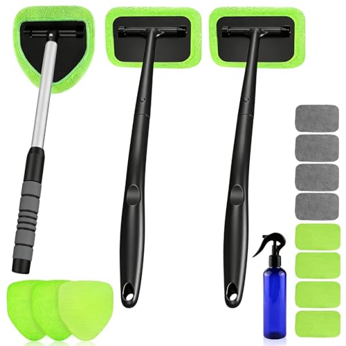 XINDELL Dual-Use Glass Cleaning Combo &ndash; Triangle-Head Car Windshield Cleaner Tool with Extendable Handle & 4 Pads + 2-Pack Square-Head Home/Bathroom Glass Cleaning Brushes for Windows, Mirrors & Showe