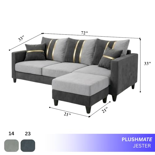 Image of Jester 4 Seater L Shape Sofa Set with Movable Ottoman | Flexible Left or Right Layout | Luxury Velvet Suede Fabric | Modern Living Room Sofa | Dark Grey-Light Grey