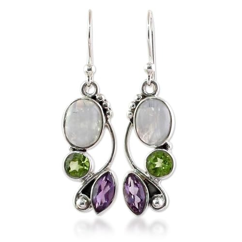 NOVICA Artisan Handcrafted Multigemstone Dangle Earrings | .925 Sterling Silver Handmade Dangle Earrings | Rainbow Moonstone Clear Green Multicolor Purple Dangle Earring | Natural Glamour Themed