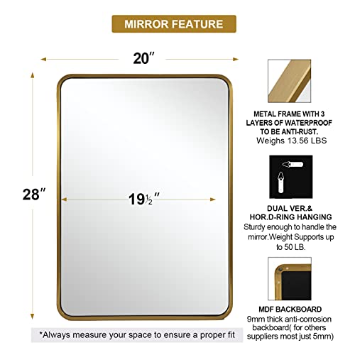 Image of ANDY STAR Gold Mirror Bathroom, 20x28'' Rounded Rectangle Mirror, Brushed Brass Bathroom Vanity Mirror in SUS304 Metal Tube Frame(Rustproof) 1'' Deep Wall-Mounted Mirrors Vertically /Horizontally