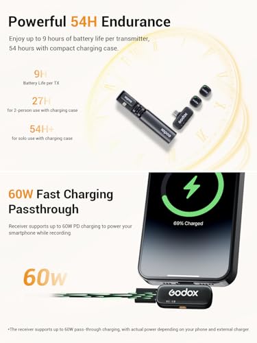 Image of GODOX C01 KIT2 Wireless Microphone, 48kHz /24-bit Professional Lavalier Mic 60W Fast Charging Mini Microphones 7g Ultralight,54H,Noise Reduction,200M Low Latency (2TX+1RX+USB-C+Charging Case)