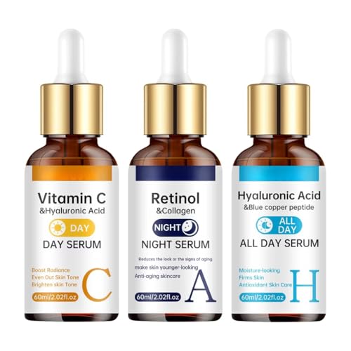 Vitamin C, Hyaluronic Acid & Retinol Face Serum Set (3 x 60ml) – Day & Night Skincare Bundle with Blue Copper Peptide & Collagen – Hydrating, Brightening & Anti-Ageing Serum