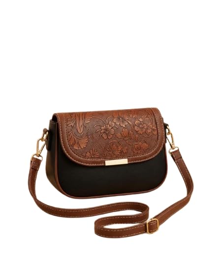 Women's Vintage Floral Embossed Leather Crossbody Shoulder Handbag with Adjustable Strap Retro Designer Purse Brown Black-picture-46