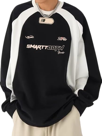 EMMIOL Oversized Crewneck Sweatshirts for Men Vintage Graphic Pullover Loose Fit Streetwear Long Sleeve Top