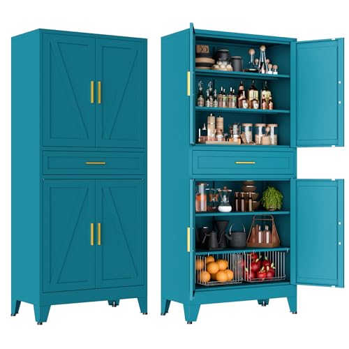 Image of LCAOPC 71" Tall Pantry Storage Cabinet with Drawer and Adjustable Shelves, Freestanding Tall White Kitchen Cupboard Storage Cabinet for Kitchen,Dining Room, Living Room, Blue