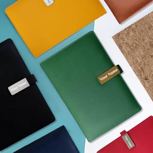 Image of Giftana Personalized Diary with Name, Customized Leather Diaries with Magnetic Overlap Lock,192 Pages, Personalised A5 Notebook Diary, New Year Corporate Gifts for Employee (Yellow -Silver Clip)
