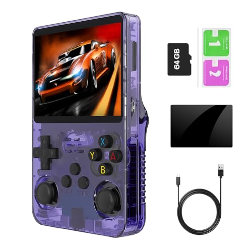Genérico Consola Retro Portátil con Pantalla IPS 3.5 Pulgadas, Sistema Linux, 64GB, 15000+ Juegos, Batería 3200mAh, Púrpura