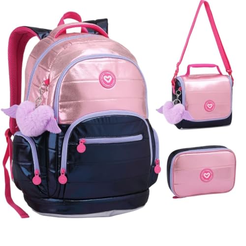 Kit Mochila Lancheira e Estojo Escolar Para Notebook Metalizado Azul Marinho