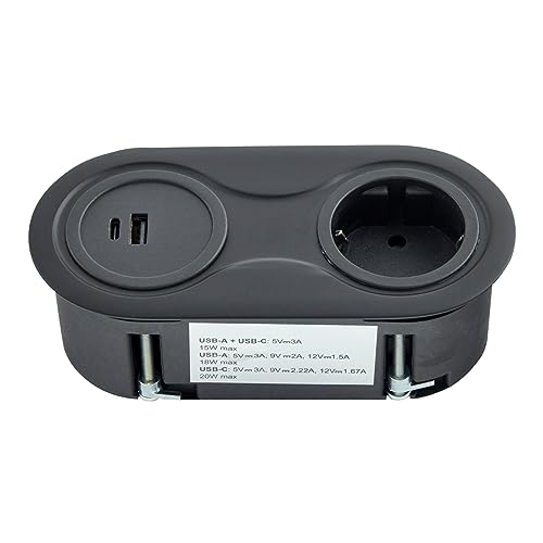 SOTECH Presa da incasso (1 x connessione USB / 1 x connessione USB-C / 1 x presa di sicurezza) elemento di presa ovale nero incl. cavo di collegamento