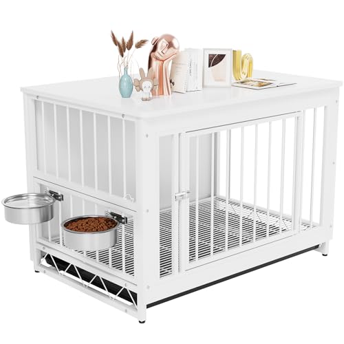 Gabbia per Cani da Interno, 93x64x58 cm, Kennel Medio Piccolo, Casetta Con 2 Ciotole e Porte, Vassoio Estraibile, per Cani di Piccola Media Taglia fino a 40 kg, Bianco