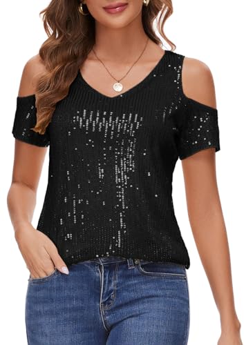 Womens Sparkly Sequin Top V Neck Cold Shoulder Glitter Short Sleeve Dressy Party Blouse Shirts