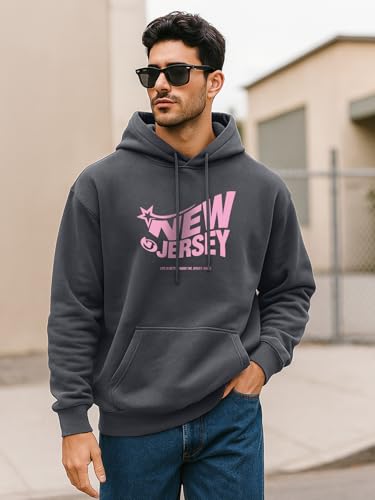 Image of Veirdo Polycotton Spun Oversized Fit Hooded Sweatshirt Full Sleeves Front Chest Graphic Printed Drop Shoulder Jumper Hoodie for Men (Colors: Blue, Black, Gray, Smoke Pine & Peach)