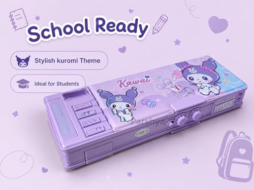 Image of Purple Multifunction Pencil Box for Girls with 2-Digit Password Lock, Built-in Sharpener & Calendar, Dual Sided Magnetic Geometry Compass Box with Buttons, School Gift (Password Lock Kuromi)