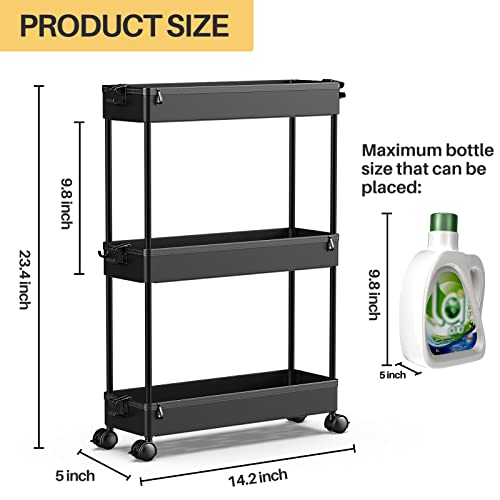 Spacekeeper Slim Rolling Storage Cart, Laundry Room Organization, 3 Tier Mobile Utility Shelving Unit Bathroom Organizer Storage For Kitchen, Narrow Places(Black) #TOP2