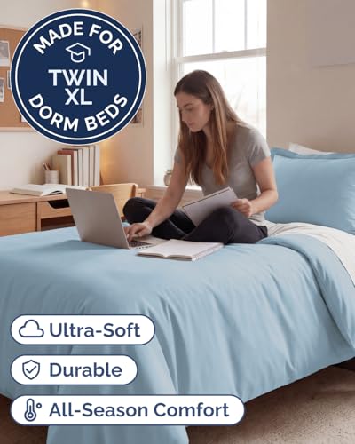 Image of Duvet Cover Twin /Twin XL Size Set - Extra Soft Twin /Twin XL Duvet Cover 68 inch x 90 inch with 1 Pillow Sham for Women, Men, Kids & Teens - Comfy, Easy-Care & Fade Free w / Zipper Closures & Ties (Light Blue)
