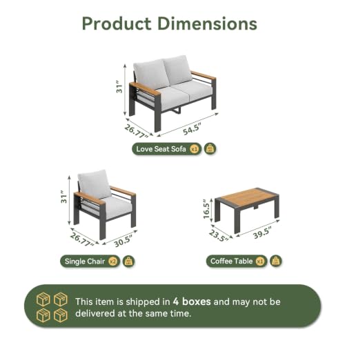 Image of Aoxun Patio Furniture Set, 4 Piece Aluminum Patio Sets with 5 inch Thicken & Washable Cushion, Waterproof Outdoor Furniture with Coffee Table, Outdoor Couch Sectional for Backyard, Porch and Garden