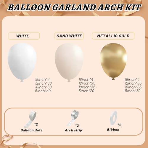 Image of 412pcs Sand White Gold Balloon Arch Kit, 18 12 10 5 Inch Different Size White Metallic Gold Latex Balloon for Boho Neutral Baby Shower Wedding Bridal Shower Birthday Decorations