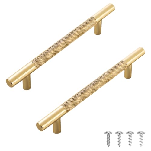lixulluo 2 PCS Gold Cupboard Handles 128mm Wardrobe Handle Knurled Kitchen Handles Golden Drawer Handle with Screws for Cabinet Drawer Dresser Door Home Bathroom Pulls (Hole Centers: 128mm)