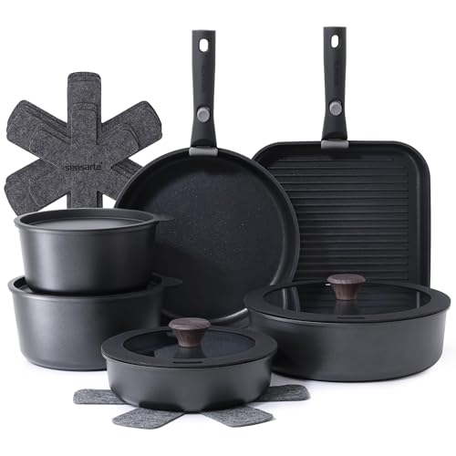 SENSARTE Set de Casseroles et Poêles 17 Pièces - Revêtement Granit Antiadhésif - Batterie de Cuisine pour Induction/Gaz, Poignées Amovibles, Empilable et...