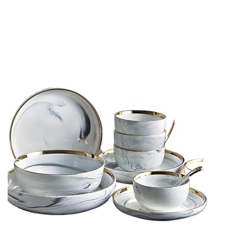 Juego De Vajilla Juego de platos y cuencos cerámica mármol, vajilla, ensalada Navidad, postre, blancos porcelana hueso, cocina, bandeja redonda(7.5 inch soup bowl)