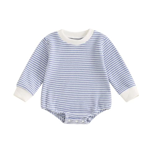 MOLZULAMS Newborn Baby Girl Boy Fall Winter Clothes Long Sleeve Stripe Sweatshirt Romper Cute Shirt Unisex Outfit 0-18M (Blue, 12_months)
