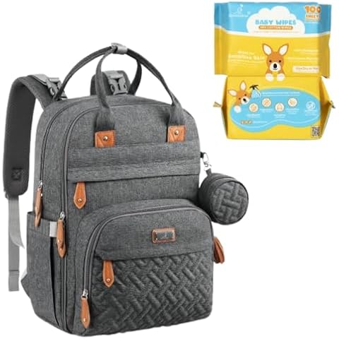 BabbleRoo Diaper Bag Backpack Set with Baby Dry Wipes 100 Counts (Pack of 2) - Dark Gray Cover