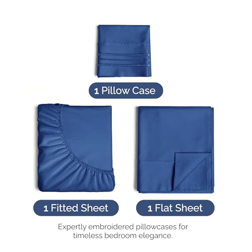 Image of Twin Size 3 Piece Sheet Set - Ultra Soft & Cooling Bed Sheets - Cobalt Blue | Fits 8 Inch to 16 inch Mattress, Wrinkle Free & Fade Resistant with Deep Pockets, Breathable, Comfy Hotel Luxury Bedding