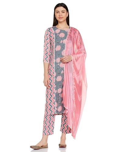 Kurta droite grise en coton avec pantalon et dupatta Rinki-GO M