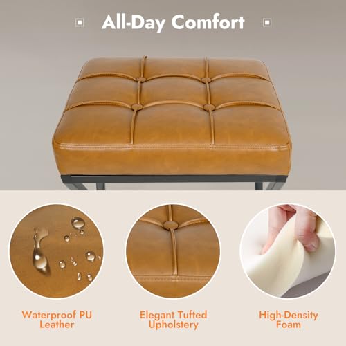 Image of Bar Stools Set of 4, 26 Inch Counter Height Stool Faux Leather Brown | Backless Counter Stools with X-Frame Metal Legs, 3.3 inch Upholstered Seat, Mid-Century Modern, for Kitchen Island, Home Bar