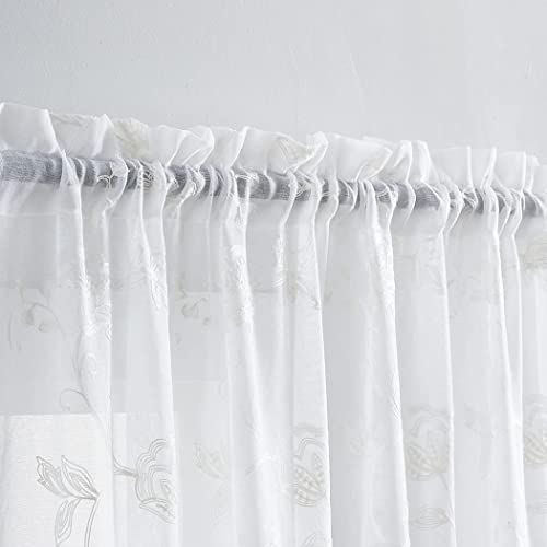 Alifish White Sheer Curtain For Living Room Loral Embroidered Rod Pocket Voile Panel Linen Blend Morning Glory Pattern Window Treatment Tulle Curtain , 1 Panel W39 X L63 Inch #TOP6