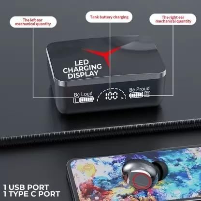 M90 Earbuds charging case with LED display showing battery levels and charging status.