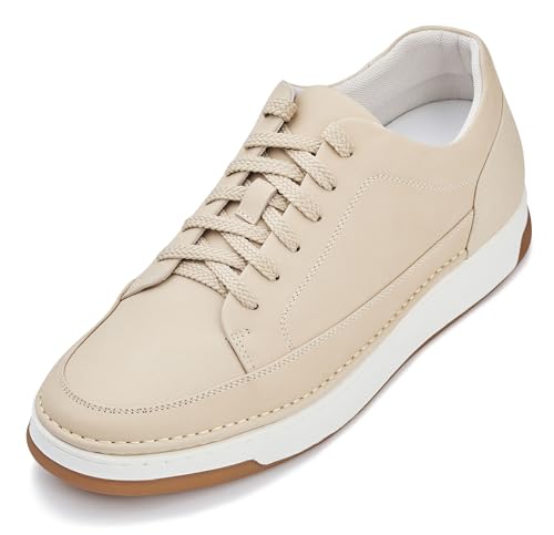CALTO Men's Invisible Height Increasing Elevator Shoes - Ivory White Suede/White & Gum Sole Premium Suede Leather Lace-up Fashion Sneakers - 2.6 Inches Taller - Y7934 - Size 10 D(M) US
