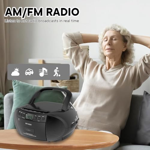 Boombox portatile Bluetooth con lettore CD, cassette, radio AM/FM, telecomando, batteria o alimentazione CA per intrattenimento musicale domestico e all'aperto