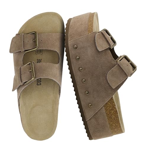 CUSHIONAIRE Guru Platform Sandals Women Footwear – Comfortable Genuine Leather Footbed Studded Chunky Slide Summer Sandals for Women 2026, TAUPE 8