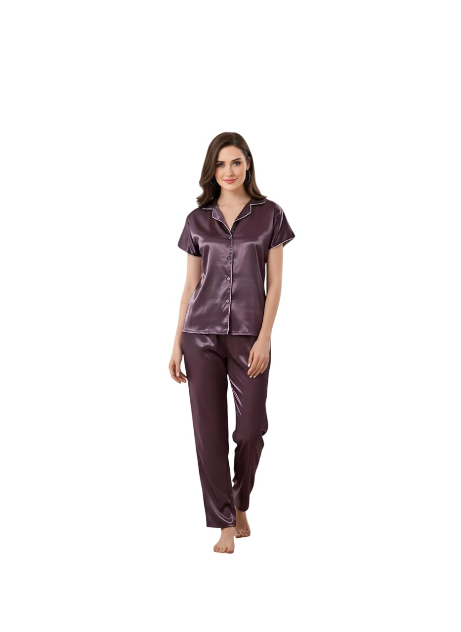 AfterDusk Womens Premium Soft Satin Nightsuit Set | Short Sleeve | Smooth Silk-Feel Fabric Collar Night Suit | Regular and Comfort Fit | for Nightwear & Loungewear | XXL - Mauve Purple-image-15