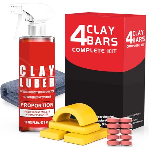 4-Piece Premium Clay Bar Car Detailing Kit - 16oz Clay Lubricant Spray & 10 Lubricant Tablets, Safe for Paint, Glass, Wheels - Removes Contaminants, Sap, Dust for a Smooth Glossy Finish