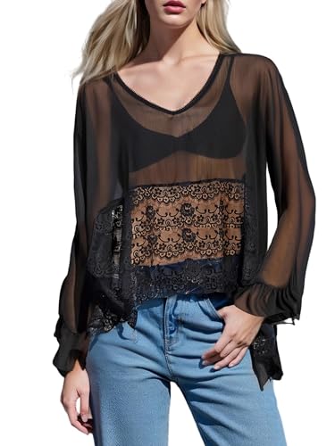 Malla cubre ups sexy de ajuste suelto con tejido transparente y mangas fluidas