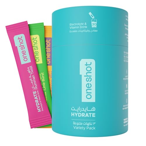 oneshot Hydration Variety Pack, Sugar Free Electrolyte Powder Drink Mix with Vitamins and Zinc, No Aftertaste, Lime, Pomegrenate and Passion Fruit Flavors, 30 Sachets