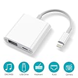 HENKUR USB Camera Adapter with Charging Port, USB Female OTG Cable Compatible with iPhone 11 Pro X 8 7 6 iPad, Support iOS 13 and Before, USB Flash Drive, Card Reader, Keyboard, Upto 500mAh(White)