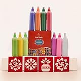 CraftVatika 10 Rangoli Colours Bottles Powder Tube Kit with 4 Paper Rangoli Stencils for Diwali Decor Items, Diwali Decoration Items Rangoli Maker for Rangoli Making Tools Kit, Pooja Decoration Items