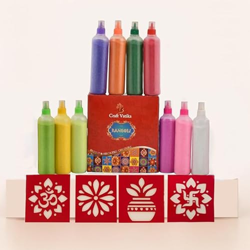 CraftVatika 10 Rangoli Colours Bottles Powder Tube Kit with 4 Paper Rangoli Stencils for Diwali Decor Items, Diwali Decoration Items Rangoli Maker for Rangoli Making Tools Kit, Pooja Decoration Items