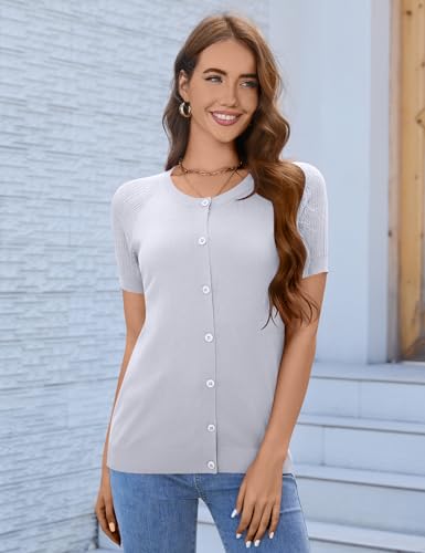 Image of FreshNight Women's 2025 Short Sleeve Cardigan Button Up Hollowed Out Crewneck Shrug Sweaters Knit Sweater Tops Lightweight