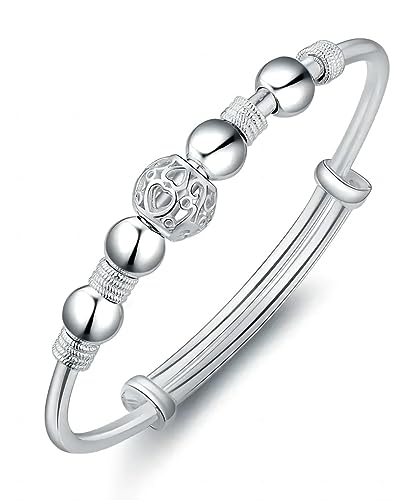 S925 Silver Bangle Bracelet for Women, Elegant Women‘s Sterling Silver Bracelet Bangle Adjustable 6.4-7.8 inches Small Size (Beads Silver)