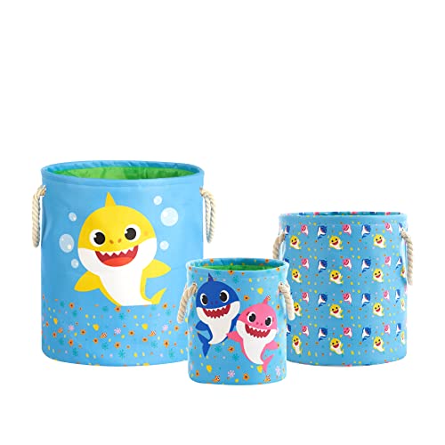 Image of Baby Shark 3 Piece Multi Size Fabric Nestable Toy Storage Basket Set, with Rope Carry Handles
