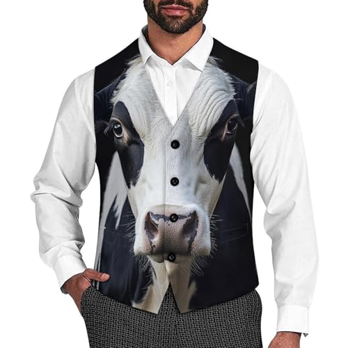 Close Up of Black White Cow Men's Suit Vest Slim Fit V-Ncek Waistcoat Business Casual Vest