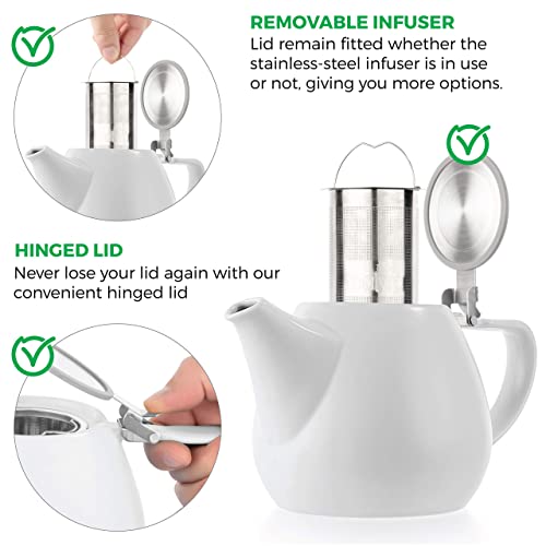 Tealyra - Jove Porcelain Large Teapot White - 34.0-Ounce (3-4 Cups) - Japanese Made - Stainless Steel Lid And Extra-Fine Infuser To Brew Loose Leaf Tea - 1000Ml #TOP1